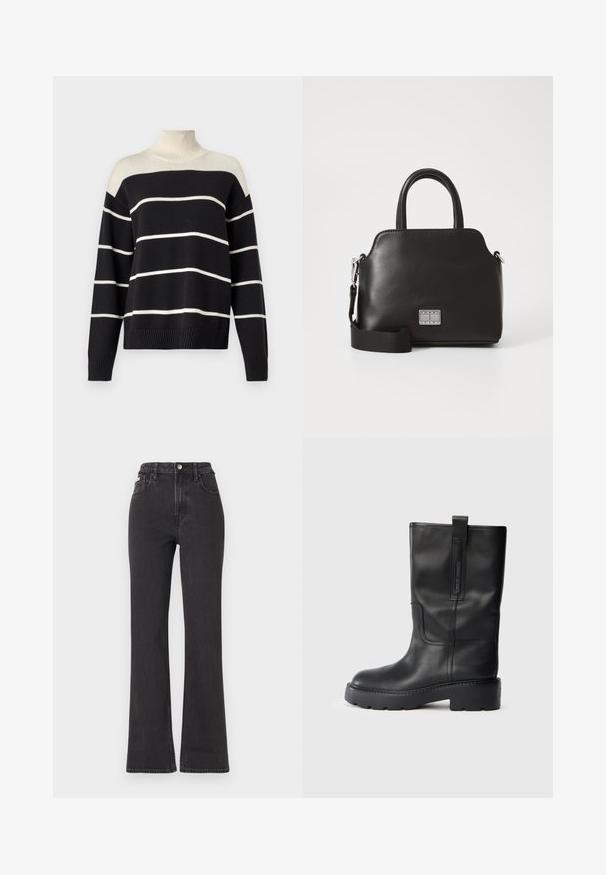 Fekete és krémszínű csíkos garbós pulóver bordázott gallérral és mandzsettával. Széles vízszintes csíkokkal és laza fazonnal rendelkezik.; Fekete, magas derekú, trapéz fazonú farmernadrág, gombos záródással, övrésszel és oldalsó zsebekkel. Sima textúrájú, minimális kopással.; Fekete bőr, térd fölé érő csizmák, amelyek karcsú dizájnnal rendelkeznek, vastag talppal és oldalsó húzópánttal a könnyű felvételhez. Figyelemre méltó varrási részletek.; Fekete szintetikus kézitáska, felső fogantyúkkal, levehető vállpánttal, kerek formával, sima textúrával és ezüst logóval az elején.