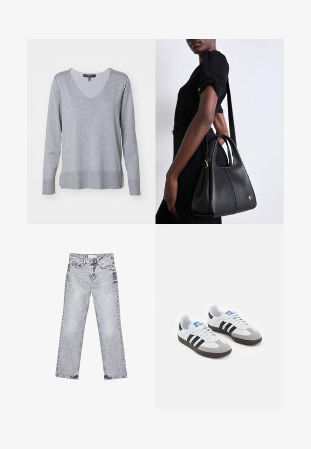 Siv krošno pleteno pulover s V-izrezom, dolgimi rokavi, rebrastim robom in stranskimi razporki. Gladka tekstura, srednja težnost in sproščen dizajn.; Sive traperice z ravnim krojem, z obdelanimi detajli, petimi žepi in bakrenimi zakovicami. Pas ima oznako z logotipom.; Športni čevlji z belim usnjenim zgornjim delom, sivim semišem na prstih in tremi črnimi črtami. Imajo modro logo na jeziku in teksturiran gumijast podplat.; Črna usnjena torbica v obliki hobo, z gladko teksturo, zaobljenim vrhom in zlatimi okrasnimi dodatki.