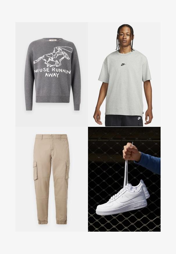 Suéter de punto gris con un gráfico blanco de un conejo corriendo y el texto "NO SIRVE DE NADA CORRER". Puños y dobladillo acanalados. Cuello clásico de barco.; Joven con cabello trenzado que lleva una camiseta Nike gris claro y pantalones cortos Nike negros frente a un fondo blanco liso.; Pantalones cargo beige de un material de algodón ligero. Presenta puños elásticos, múltiples bolsillos laterales y un cierre de botón.; Zapatillas de cuero blanco con perforaciones, punta redonda, suela plana y cordones gruesos, con un logo de swoosh visible y "AIR" en el talón.