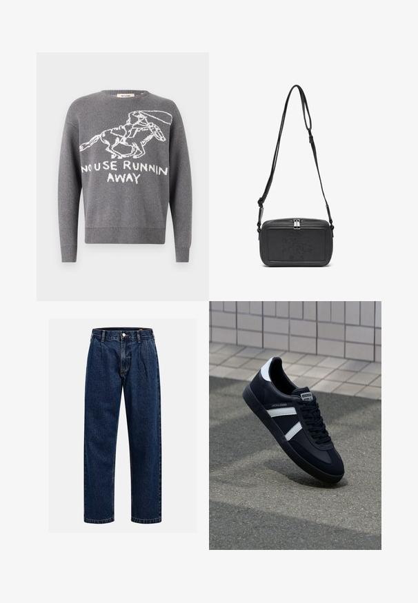 Szary sweter dzianinowy z białą grafiką przedstawiającą biegnącego królika oraz napisem "NIE MA SENSU UCIEKAĆ". Ściągacze na mankietach i u dołu. Klasyczny okrągły dekolt.; Granatowe dżinsy o prostym kroju nogawki. Posiada widoczne szwy, zapięcie na guzik oraz fałdy z przodu dla dodatkowego detalu.; Czarne skórzane sneakersy z białymi paskami, teksturowana gumowa podeszwa i sznurowane z przodu. Posiadają metkę marki na języku.; Czarna skórzana torba na ramię z zamkiem błyskawicznym, wytłoczone logo na przodzie i regulowanym paskiem. Gładka tekstura w prostokątnym kształcie.