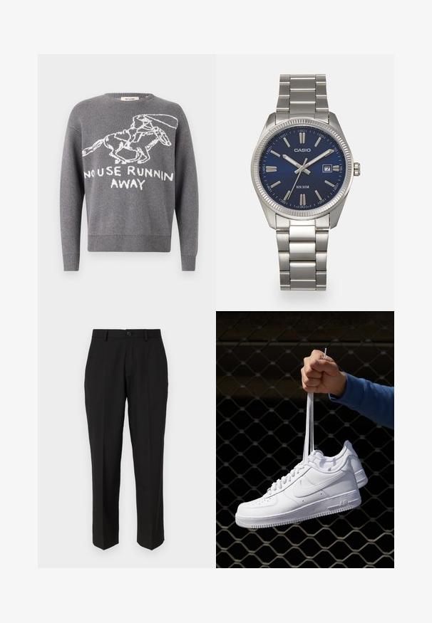 Hall kootud hall särk, millel on valge graafika jooksvast jänesest ja tekst "EI OLE MÕTTE RUNNATA". Ribitud varrukate ja hemiga. Klassikaline ümar kaelus.; Mustad püksid siledast kangast, sirge jala disainiga, ees olevate taskutega, ühe nööbi kinnitusega ja ilma nähtavate mustriteta.; Valged nahast tennisetossud, millel on perforatsioonid, ümar nina, lame tallus ja paksud nöörid, nähtava swooshi logoga ja "AIR" kontsadel.; Hõbedane roostevabast terasest käekell, tumesinise lõpliku, metallsete tuntud numbrite ja kuupäevanäidikuga kell 3 juures. Veekindel kuni 50 meetrit.