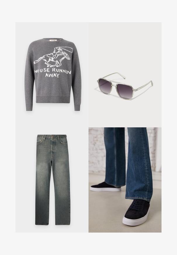 Grå strikkegenser med hvit grafikk av en springende kanin og teksten "DET HJELPER IKKE Å LØPE BORT". Ribbestrikkede mansjetter og nederkant. Klassisk rund hals.; Jack & Jones JJIALEX JJCOOPER - Baggy jeans - black denim; Mørkeblå semskede sneakers med hvit gummisåle og snøring, kombinert med vide denimjeans i en middels blå vask.; Klare innrammede solbriller med firkantet form og gradient grå linser. Tynne sølvdetaljer på bøylene gir et ekstra preg.