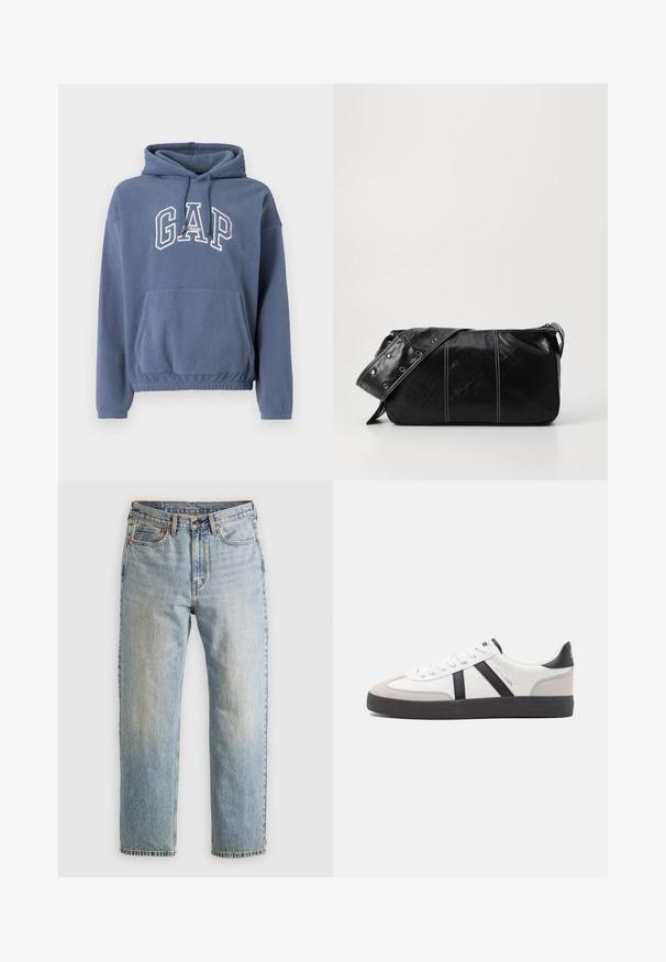 Mėlynas flisine medžiaga pagamintas džemperis su gaubtu, turintis priekinę kišenę, raištelį gaubtui ir baltą „GAP“ logotipą ant krūtinės. Švelnios tekstūros su dailiu austo audinio rankogaliu.; Šviesiai mėlynos džinsinės kelnės su aukštu liemeniu, priekyje mygtukas, užtrauktukas ir penkių kišenių dizainas, išklotos ant neutralios fono.; Balti sportbačiai su juodais ir pilkais akcentais, pasižymintys tekstūruotu pilku pirštų dangteliu, juoda gumine padais ir plokščiomis baltomis raišteliais. Švarus dizainas, minimalistinis stilius.; Juodas odinis pečių krepšys su užtrauktuku, turintis tekstūruotą paviršių, baltą siuvinėjimą ir dirželį su sidabinėmis metalinėmis detalėmis.