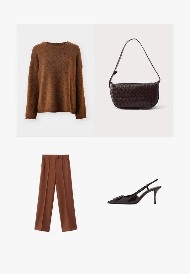 Vero Moda VMNOELLE ONECK - Jumper - pinecone melange; Brown wide-leg trousers with a pleated front, made of textured fabric, featuring side pockets and a waistband with belt loops.; Black patent leather slingback shoe with pointed toe, minimalistic design, small circular accent on the vamp, and slender heel.; Woven leather shoulder bag in dark brown with a curved shape, adjustable strap, and a smooth finish. Compact design with no visible hardware.