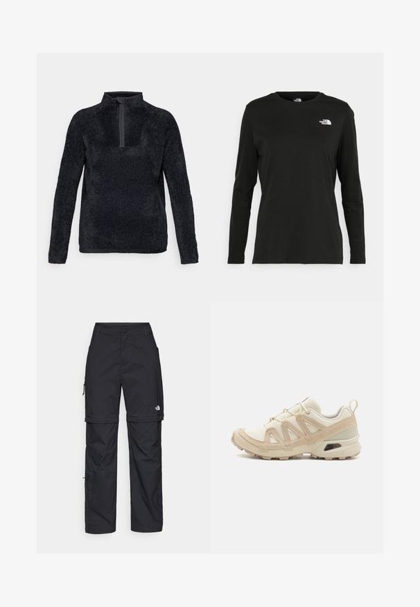 Fleece pullover in donkergrijs met een ritskraag, lange mouwen, een gestructureerd oppervlak en een relaxte pasvorm. Eenvoudig en functioneel ontwerp.; Zwart langsluiting T-shirt van katoen met een ronde hals. Heeft een klein wit logo op de linkerkant van de borst. Eenvoudig ontwerp en pasvorm.; Zwarte nylon cargo broek met afneembare pijpen, verstelbare manchetten, meerdere zakken en een logo op het rechterbeen. Gladde, lichte textuur.; Beige en crème sportschoen met een textuur-mesh bovenwerk, ondersteunende overlays en een rubberen zool met een profielpatroon voor grip.