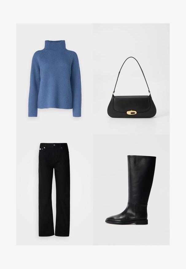Blå ribbad turtlenecktröja med långa ärmar och avslappnad passform. Har en hög krage och texturerad stickad design.; Svarta denimbyxor med rak passform, fem fickor, silverfärgade nitar och knappstängning. Tyget har en slät, något strukturerad finish.; Svart läderknähöga stövlar med rund tå, slät textur, minimalistisk design och platt sula. Enkla sömdetaljer på skaftet.; Svart läderhandväska med en böjd design, hårdvara i guldton, och ett handtag ovanpå. Har en snygg stängning och en mjuk yta.