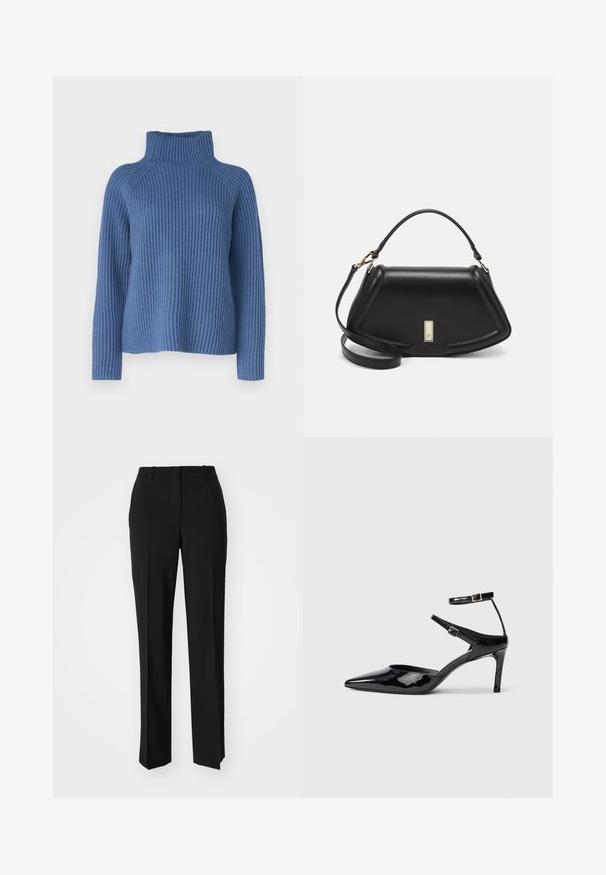 Plavi rebrasti pulover s visokom ovratnikom, dugim rukavima i opuštenim krojem. Ima visoki ovratnik i teksturirani pleteni dizajn.; Crne krojene hlače ravnog kroja, s glatkom teksturom i oštrim pregibima naprijed. Bez vidljivih metalnih dijelova.; Crne lakirane cipele s visokom potpeticom, špicastim prstom, podesivim naramenicama i tankom potpeticom. Glatka tekstura s sjajnom završnom obradom.; Crna kožna torba s strukturiranim dizajnom, s krojenim oblikom, gornjom drškom i zlatnim detaljima. Uključena je podesiva ramena traka.