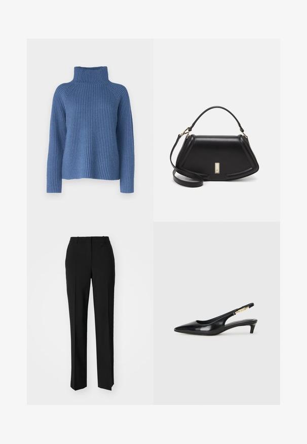 Blue ribbed turtleneck sweater with long sleeves and a relaxed fit. Features a high collar and textured knit design.; Black tailored trousers with a straight-leg design, featuring a smooth texture and crisp creases along the front. No visible hardware.; Black leather slingback heels with a pointed toe, featuring a slim heel and a gold-tone accent on the adjustable strap. Smooth texture.; Black leather handbag with a structured design, featuring a cropped shape, top handle, and gold hardware accent. Adjustable shoulder strap included.