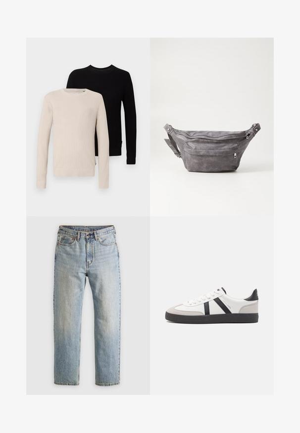 Két bordázott kötött pulóver: az egyik bézs, a másik fekete. Mindkettő hosszú ujjú és kerek nyakú, látható texturált mintázattal rendelkezik.; Világoskék farmernadrág magas derékkal, elülső gombbal, cipzárral és öt zsebbel, sima háttérre fektetve.; Fehér sneaker fekete és szürke részletekkel, textúrált szürke orr résszel, fekete gumitalppal és lapos fehér fűzőkkel. Tiszta dizájn, minimalista stílus.; Szürke velúr övtáska kerek formával, két cipzáras rekesszel és állítható pánttal. Fém dekorációval rendelkezik.