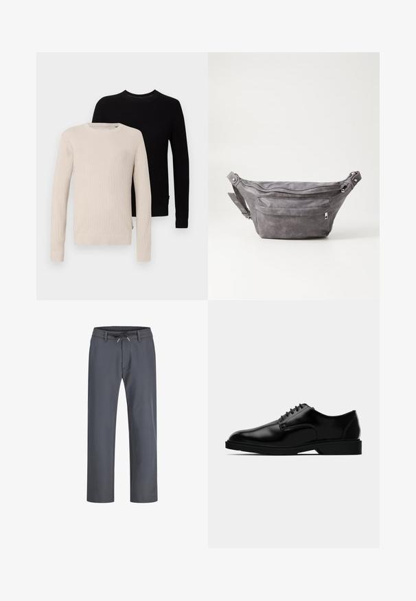 Dva pletena puloverja: en bež in en črn. Oba imata dolge rukave in okrogle ovratnike, z vidnimi teksturiranimi vzorci.; Sive, elastične hlače z gumico in vezalko. Ravnina noge, izdelane iz gladkega materiala, imajo minimalne šive in brez vidne strojne opreme.; Črne usnjene oblečne čevlje z gladko površino, okroglim nosom, zavezovanjem in diskretnim gumijastim podplatom za oprijem.; Sivkasta zamšasta torbica s okroglo obliko, dvema žepoma na zadrgo in nastavljivim trakom. Ima kovinske dodatke.