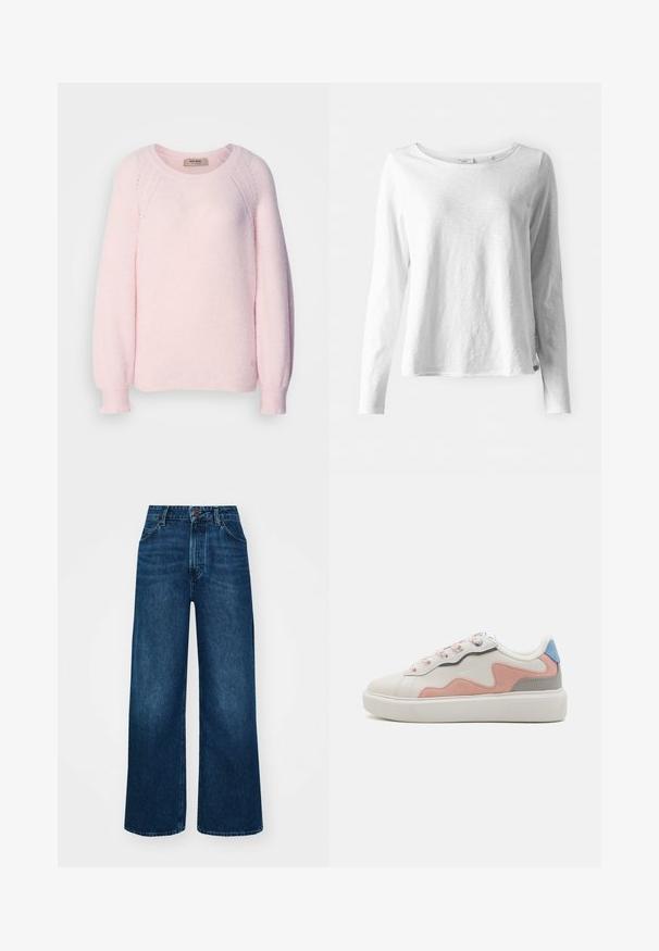 Light pink sweater made of soft knit fabric, featuring a round neckline, raglan sleeves, and ribbed cuffs. Subtle logo detail at hem.; Long-sleeve white T-shirt in soft, lightweight fabric; features a round neck and slightly relaxed fit; tag visible on the side.; High-waisted, wide-leg jeans in dark blue denim with a smooth texture, contrast stitching, and five-pocket design. Front button closure.; Low-top sneakers with a white synthetic upper, pink and gray suede accents, textured white rubber sole, and colorful laces.
