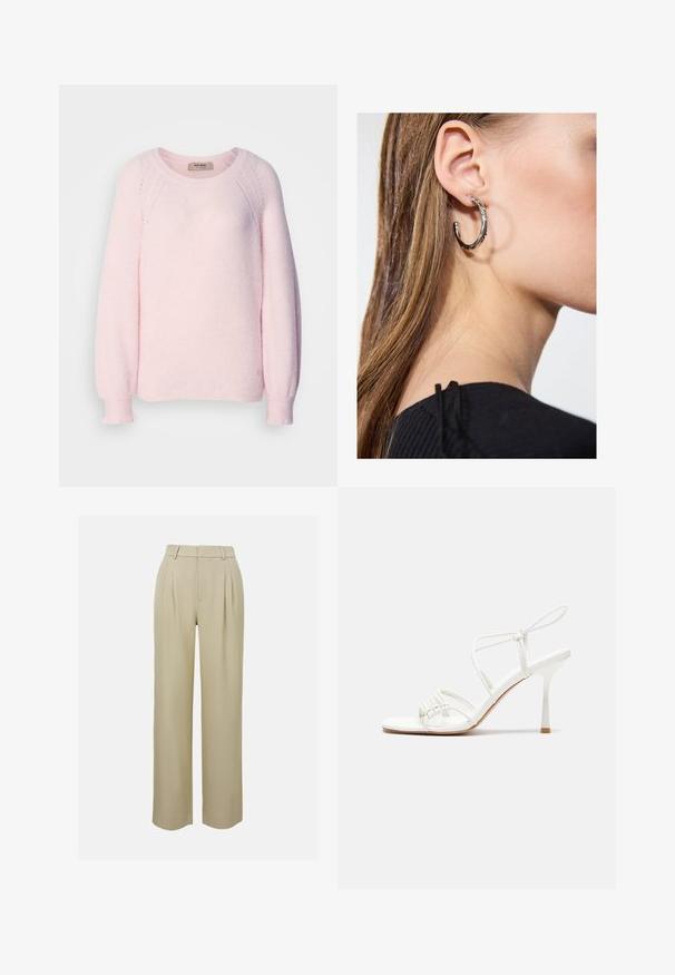 Světle růžový svetr z měkké pleteniny, s kulatým výstřihem, raglánovými rukávy a žebrovanými manžetami. Discretní logo detail na lemu.; Krémové kalhoty s širokými nohavicemi vyrobené z hladkého materiálu, s předními záhyby, upraveným pasem a postranními kapsami. Čistý lem.; Bílé sandály na vysokém podpatku s tenkým páskem kolem kotníku, plochou špičkou, texturovaným předním dílem s nařasenými detaily.; Stříbrný kruhový náušník s lesklým povrchem, zdobený malými zlatými akcenty, v kulatém tvaru, nošený na lalůčku.