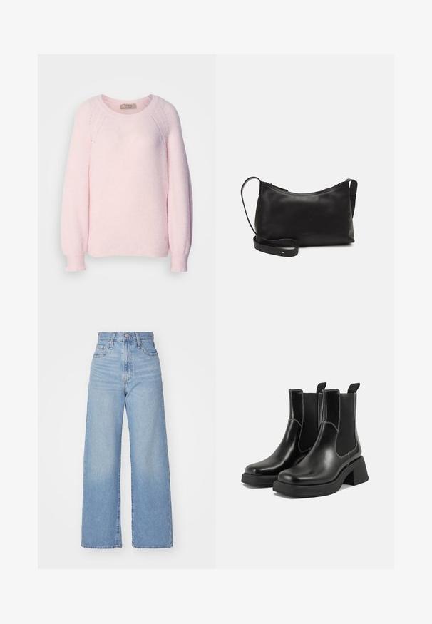 Pavasario rožinės spalvos megztinis, pagamintas iš minkšto mezginio, su apvaliu iškirpimu, ranglano rankovėmis ir išraižytais rankogaliais. Diskretus logotipas/ženkliukas apačioje.; Šviesiai mėlynos aukšto liemens plačios kojos džinsai su priekiniais užtrauktukais ir sagom, priekinėmis ir galinėmis kišenėmis, ant baltos fono.; Juodos odinės Chelsea botai su storiu kulnu, elastinėmis šoninėmis panelėmis ir kontrastinga balta siūle. Tekstūruota apdaila.; Juodas odinis petinis krepšys su lygiu paviršiumi, išlenkta forma, reguliuojama dirželiu ir užtrauktuku. Minimalistinis dizainas be puošmenų.