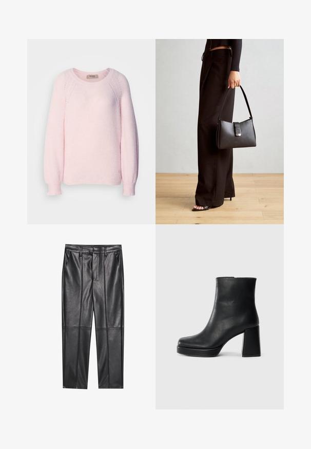 Hauchzart rosa Pullover aus weichem Strickstoff, mit Rundhalsausschnitt, Raglanärmeln und gerippten Bündchen. Subtiler Logodetail am Saum.; Schwarze Lederhosen mit glatter Textur, gerader Passform, zwei Fronttaschen und sichtbaren Nahtdetails.; Schwarze Leder-Stiefelette mit Blockabsatz und Plattformsohle, seitlich auf einem schlichten weißen Hintergrund betrachtet.; Schwarze Handtasche mit strukturierter Form, glatter Textur und einem metallischen Verschluss. Kombiniert mit weiten schwarzen Hosen und offenen Sandalen auf einem Holzboden.