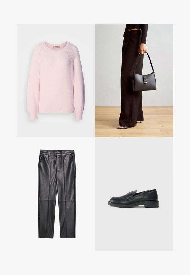 Heledu roosa kampsun, mis on valmistatud pehmest kudumiskoest, ümara kaelusega, raglanvarrukatega ja ribadega mansettidega. Peen logo detail alläärs.; Mustad nahkpüksid sileda tekstuuriga, sirge lõikega, kahe eesmine taskuga ja nähtavate õmblusteta.; Mustad nahast loafers ümarate varvastega, tikkimiste detailidega ja väikese kandiga. Sile pind ja paindlik kummist tald.; Must musta kott, millel on struktureeritud kuju, sile tekstuur ja metallist klamber. Kombineeritud laiate mustade pükstega ja avatud varvaste sandaalidega puidust põrandal.
