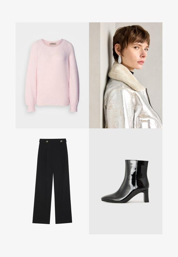 Lichtroze trui van zacht gebreid stof, met een ronde halslijn, raglanmouwen en ribbelmanchetten. Subtiele logodetail op de zoom.; Zwarte wijde broek met hoge taille, knoopdetails op de tailleband en plooien aan de voorkant.; Zwarte gepolijste leren enkellaars met een spitse neus en een blokhak van gemiddelde hoogte. Glad textuur en minimalistisch ontwerp.; Zilveren metalen leren jas met een schapenwollen kraag, voorzien van een ritssluiting en een gestructureerd oppervlak. Grote druppelvormige oorbellen met heldere edelstenen.
