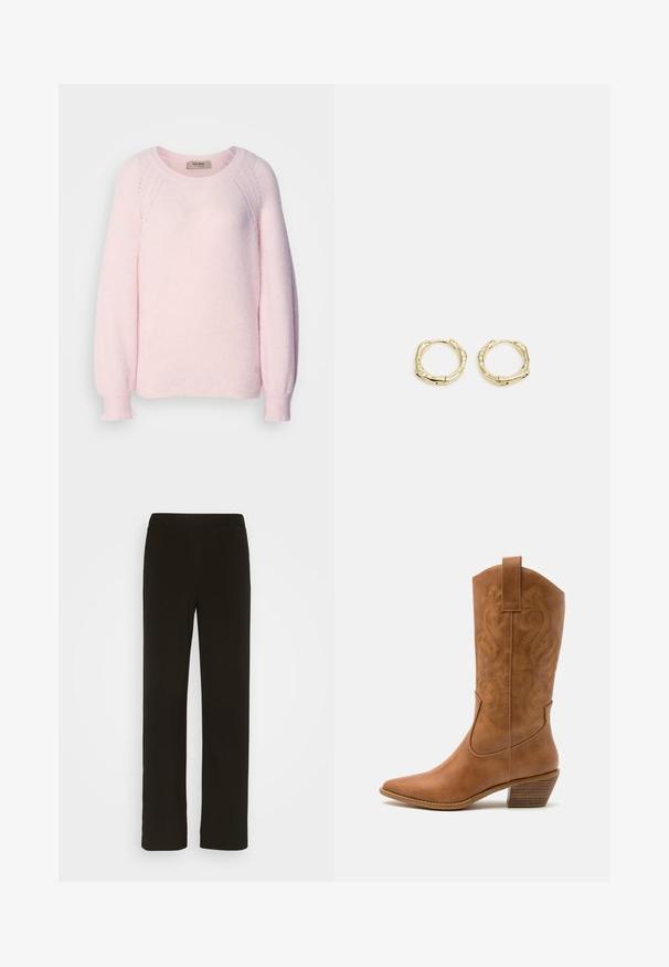 Hauchzart rosa Pullover aus weichem Strickstoff, mit Rundhalsausschnitt, Raglanärmeln und gerippten Bündchen. Subtiler Logodetail am Saum.; Schwarze, gerade geschnittene Hose aus gewebtem Stoff mit flachem Bund, zwei seitlichen Taschen und einer glatten Textur. Keine sichtbaren Muster oder Akzente.; Braune Leder-Cowboy-Stiefel mit spitzem Zehenbereich, bestickten Wirbelmustern am Schaft und einem gestapelten Blockabsatz. Verfügt über einen Ziehriemen für das einfache Anziehen.; Goldene Creolen mit einer strukturierten, unregelmäßigen Form. Sie verfügen über einen nahtlosen Verschluss und eine polierte Oberflächenbehandlung, die ein modernes Design betont.
