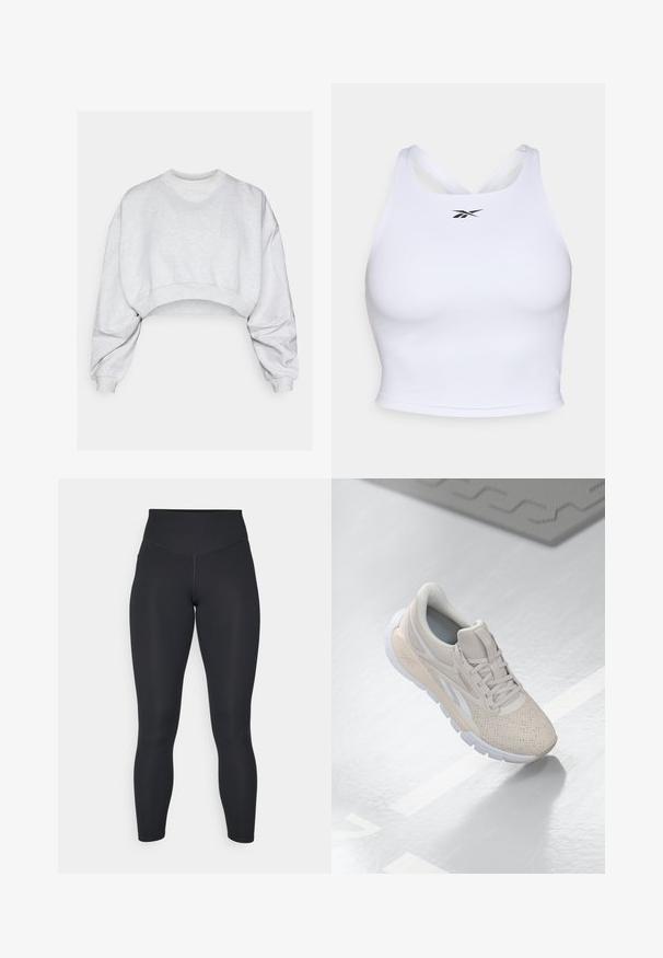 Sivkrača majica skraćena od mekog materijala, s okruglim izrezom, spuštenim ramenima i rebrastim manžetama. Nema vidljivih uzoraka ili logotipa.; Bela športna crop majica, izdelana iz gladkega, raztegljivega materiala. Ima križasto zasnovo na hrbtu in majhen črn logotip na sprednji strani.; Črne legice z visokim pasom, gladko teksturo in oprijetim dizajnom. Imajo ravne šive in polno dolžino brez vzorcev.; Svetlo bež športni čevelj s perforiranim zgornjim delom, teksturiranimi detajli, oblazinjenim ovratnikom in belim gumijastim podplatom, zasnovan za udobje in zračnost.