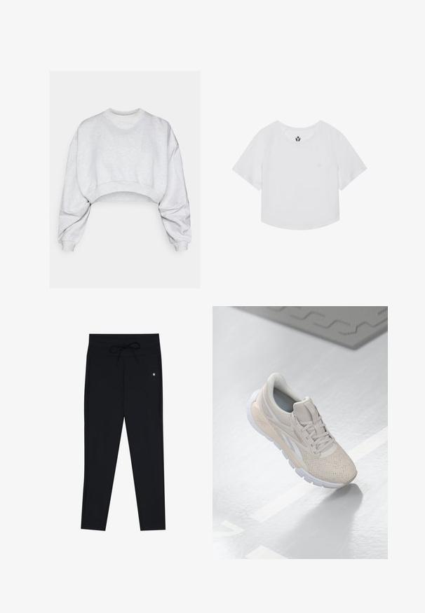 Šedá zkrácená mikina vyrobená z měkkého materiálu, s kulatým výstřihem, pokleslými rameny a žebrovanými manžetami. Žádné viditelné vzory nebo loga.; Bílé zkrácené sportovní tričko s krátkými raglánovými rukávy, kulatým výstřihem a malým logem na hrudi. Hladká, lehká látka.; Černé legíny s hladkým povrchem, s pružným pasem a jemným logem. Design je přiléhavý a na kotnících se zužuje.; Světlé béžové sportovní boty s perforovaným svrškem, texturovanými akcenty, polstrovaným límcem a bílou gumovou podešví, navržené pro pohodlí a prodyšnost.