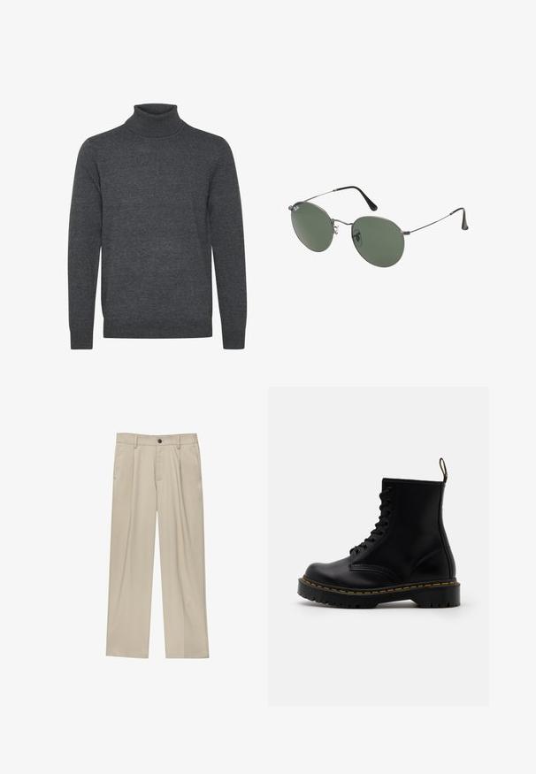 Pulover c gray cu guler înalt, fabricat dintr-un material tricotat moale. Are un guler și mansete ribbate, mâneci lungi și un design simplu, fără ornamente.; Tricou alb cu mânecă scurtă, confecționat din bumbac, cu un decolteu rotund și o croială lejeră. Textură netedă, fără modele sau accente vizibile.; Pantaloni bej cu croi drept, dotati cu un singur nasture negru, bucle pentru centură și buzunare laterale. Textură de țesătură netedă și design minimal.; Bocanci negri din piele, cu șireturi în față, cusături galbene, vârf rotunjit și o talpă groasă din cauciuc texturat.; Ochelari de soare cu ramă metalică, dotati cu lentile ovale verzi. Ramă subțire din metal argintiu și ușițe negre. Design minimalist, fără logo-uri vizibile.