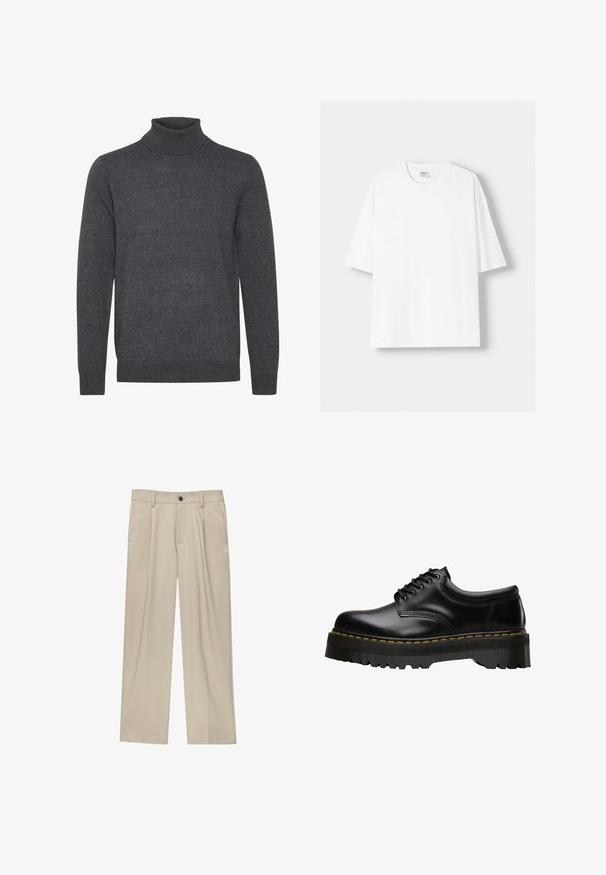 Grauer Rollkragenpullover aus weichem Strickstoff. Er verfügt über einen gerippten Halsausschnitt und Bündchen, hat lange Ärmel und ein schlichtes, unauffälliges Design.; Weißes kurzärmliges T-Shirt aus Baumwolle mit Rundhalsausschnitt und lockerer Passform. Glatte Textur, ohne sichtbare Muster oder Akzente.; Beige Hosen mit geradem Schnitt, ausgestattet mit einem einzelnen schwarzen Knopf, Gürtelschlaufen und Seitentaschen. Glatte Stofftextur und minimalistisches Design.; Schwarzer Leder-Schnürschuh mit einer dicken, gezahnten Gummisohle in Schwarz und gelben Nähten entlang der Kante, mit einer glatten Verarbeitung.