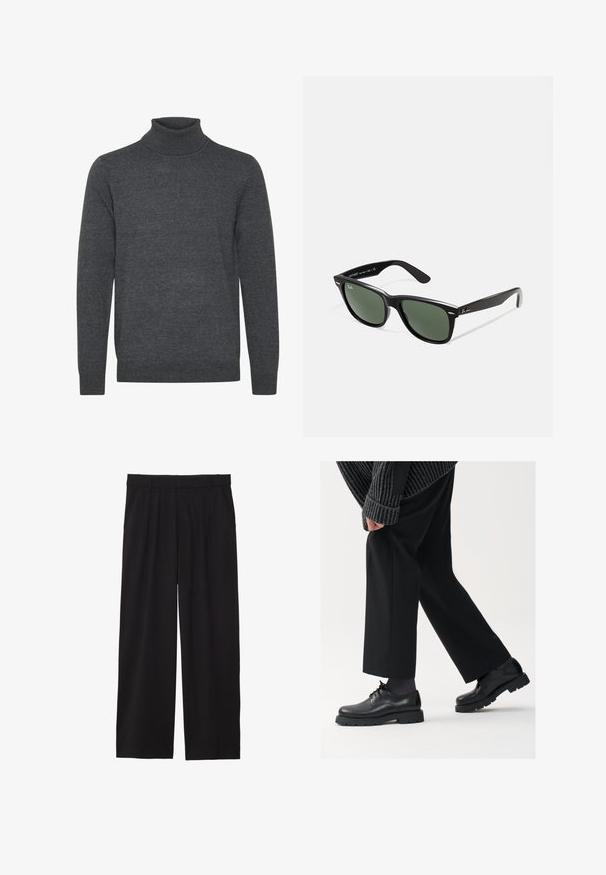 Šedý rolák vyrobený z mäkkej pleteniny. Obsahuje rebrovaný golier a manžety, dlhé rukávy a jednoduchý, nezdobený design.; Čierne široké nohavice so skladaným predným dielom, bočnými vreckami a hladkým textilným povrchom. Navrhnuté na voľný strih.; Čierne kožené topánky s okrúhlou špičkou, viazaním a hrubou, štruktúrovanou podrážkou. Nosené s upravenými čiernymi nohavicami a rebrovaným sveterom.; Čierne plastové slnečné okuliare so zelenými šošovkami, štvorcové rámy, strieborný akcent na obočí a textúrované ramenné opierky. Brand uvedený na vnútornej strane ramien.
