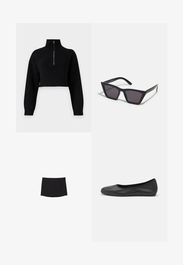 Črn skrajšan pulover z visokim ovratnikom, ki ima polno zadrgo. Pletena tekstura, široki rokavi in ribana obroba.; Črna mini krilo iz gladkega, raztegljivega blaga; ima ravno rez z diskretnim robom in brez vidnih zapiranj ali vzorcev.; Črne usnjene balerinke z zaobljenim nosom, gladko teksturo, minimalnimi šivi in fleksibilno zasnovo podplata.; Črne, angularne sončne očala z sivimi lečami; izdelana iz plastike, imajo debele ročke z gladko površino in brez vidne opreme.