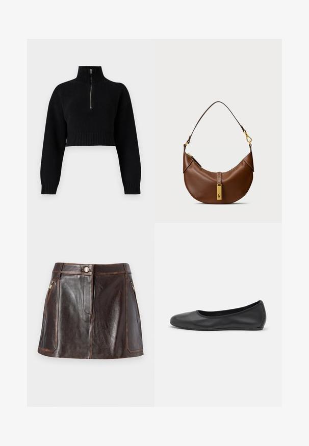 Černý zkrácený svetr s vysokým límcem, který má půlzipový uzávěr. Pletená textura, široké rukávy a žebrované detaily na lemu.; Hnědá kožená mini sukně s elegantním designem, dvěma bočními zipovými kapsami a kontrastním šitím podél okrajů.; Černé kožené baletní byty s kulatou špičkou, hladkou texturou, minimálními švy a flexibilním designem podrážky.; Hnědá kožená taška přes rameno se zakřiveným tvarem, zlatými kovovými doplňky, detaily s vrchním zámkem a akcentem loga. Hladký povrch s prošívanými okraji.