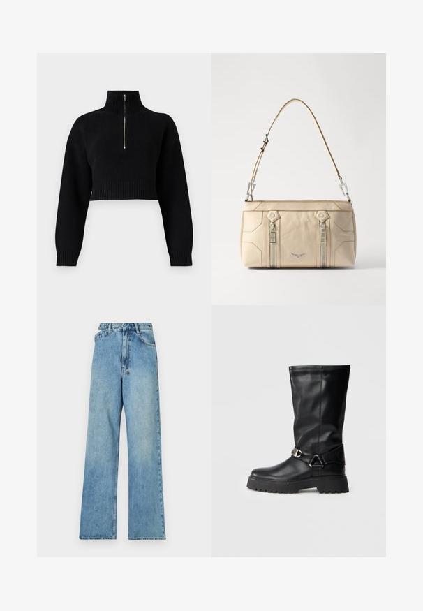 Mustjalane lühike sviiter kõrge kaelusega, millel on poolsihtimisega lukk. Kudumise tekstuur, laiad varrukad ja soonikkudumisega ääredetailid.; Heledad sinine teksapüksid, laia jalaga, keskelt kõrgema taljega, viie tasku ja nööbiga suletud, metallosadega ning kulunud välimusega.; Mustad kuni põlvedeni saapad, mis on valmistatud siledast nahast, külgedel on pealmise aktsendina pandla ning paksem, tekstuuriga talla osa, mis tagab haarde.; Bež nahk tasku hõbedase riistvaraga, kahe külgse lukuga, struktuurne disain ja eemaldatav rihm mitmekesiste kandmisvõimaluste jaoks.