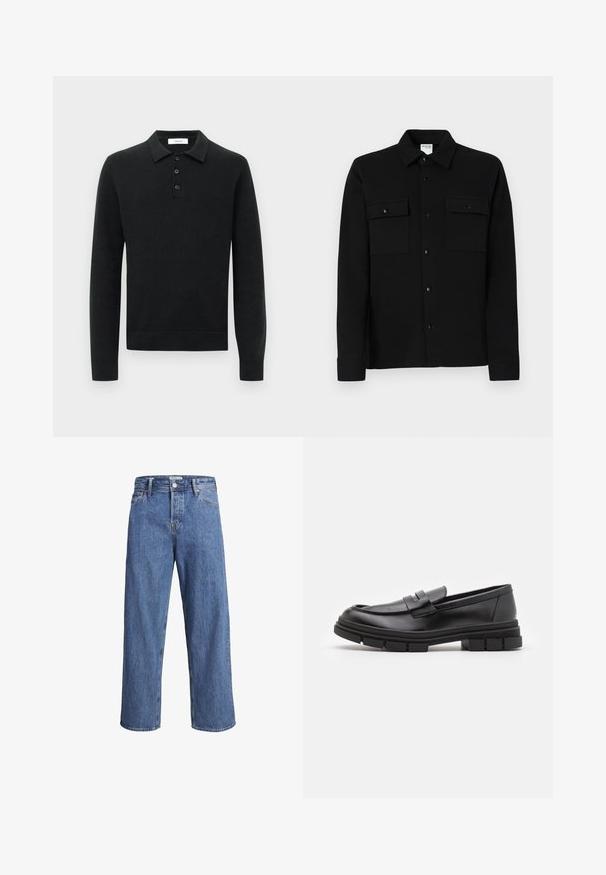 Fekete, hosszú ujjú kötött póló pulóver három fekete gombbal és hajtható gallérral, fehér háttér előtt bemutatva.; Fekete, sima anyagból készült gombos ing, két mellzsebbel, hegyes gallérral és gombos mandzsettával. Egyszerű dizájn, minimális részletezéssel.; Világoskék farmernadrág, egyenes szárú dizájnnal, magas derekú és minimális varrási részletekkel. Az anyag puha, enyhén megfestett textúrájú.; Fekete bőr loaferek sima felülettel, elülső pánt részlettel és vastag, bordázott gumitalpakkal.