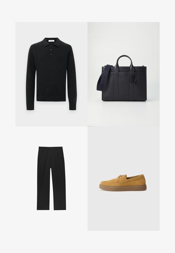Črni pleteni polo pulover z dolgimi rokavi, s tremi črnimi gumbi in zložljivim ovratnikom, prikazan na beli podlagi.; Črne hlače z ravnim krojem, narejene iz gladkega materiala. Imajo sprednje gube in enojno zaponko na pasu.; Rjavi semiš natikači z teksturirano površino, okroglo nos, in kontrastno gumijasto podplat. Imajo subtilno blagovno znamko blizu pete.; Temno mornarsko usnjeno aktovko z dvema zgoraj ročaji in odstranljivim trakom. Ima teksturirano površino, navpične šive in podrobnost z logotipom.