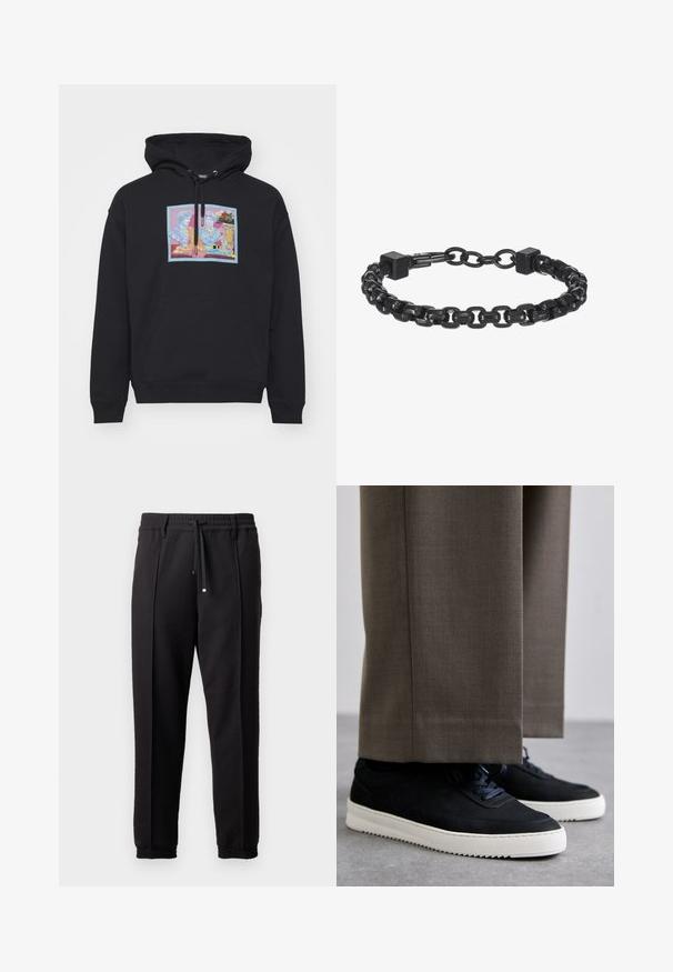 Felpa nera con cappuccio e tasca frontale, caratterizzata da una grafica colorata di due figure classiche con accenti floreali. Materiale misto cotone.; Pantaloni neri con cintura, cordoncino e polsini elasticizzati. Presentano pieghe e un tessuto liscio e strutturato.; Sneakers in suede nera con suole in gomma bianca, dotati di punta tonda e lacci, indossati con pantaloni grigi su misura.; Bracciale in metallo nero con catena caratterizzato da anelli intrecciati, dettagli squadrati e una superficie liscia. Design regolabile per una vestibilità migliore.