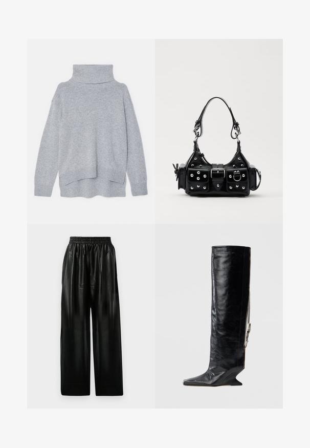 Filippa K RELAXED TURTLE NECK - Strickpullover - grey melange; Schwarze Leder-Hosen mit weitem Bein und elastischem Bund, ausgestattet mit zwei Seiten Taschen und einer glatten, glänzenden Oberfläche.; Schwarz kniehoher Lederstiefel mit spitz zulaufender Zehenpartie, einzigartigem Keilabsatz und seitlichem Kettenakzent. Glatte Textur mit glänzendem Finish.; Schwarze Lederhandtasche mit einem geschwungenen Design, verziert mit silbernen Nieten, einer Schnalle und zwei seitlichen Taschen. Verstellbarer Träger für verschiedene Tragemöglichkeiten.