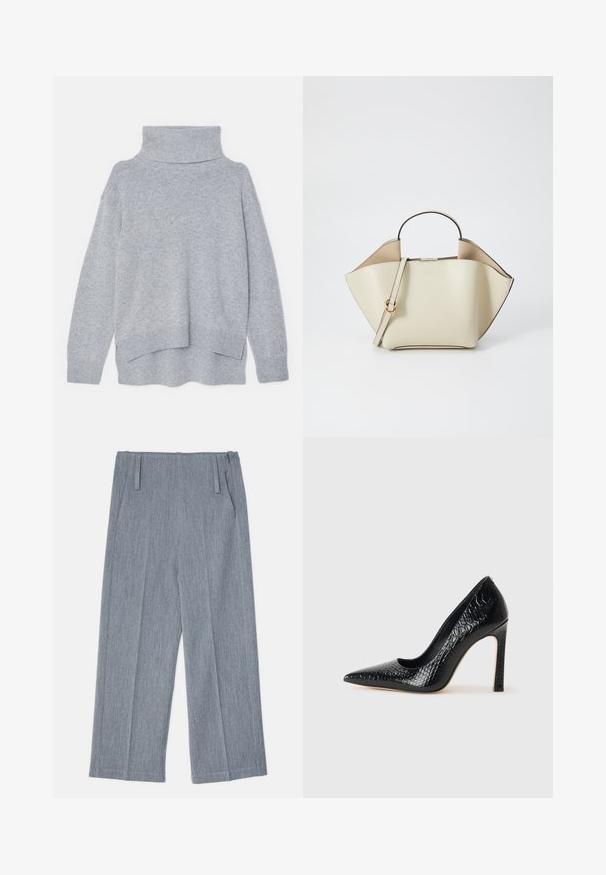 Filippa K RELAXED TURTLE NECK - Jumper - grey melange; Light gray, wide-leg trousers made of textured fabric, featuring two front pleats and two side pockets. Clean, tailored design.; Black pointed-toe high heel shoe with a crocodile-skin texture, featuring a sleek design, high stiletto heel, and smooth black interior.; Ree Projects ANN - Handbag - beige