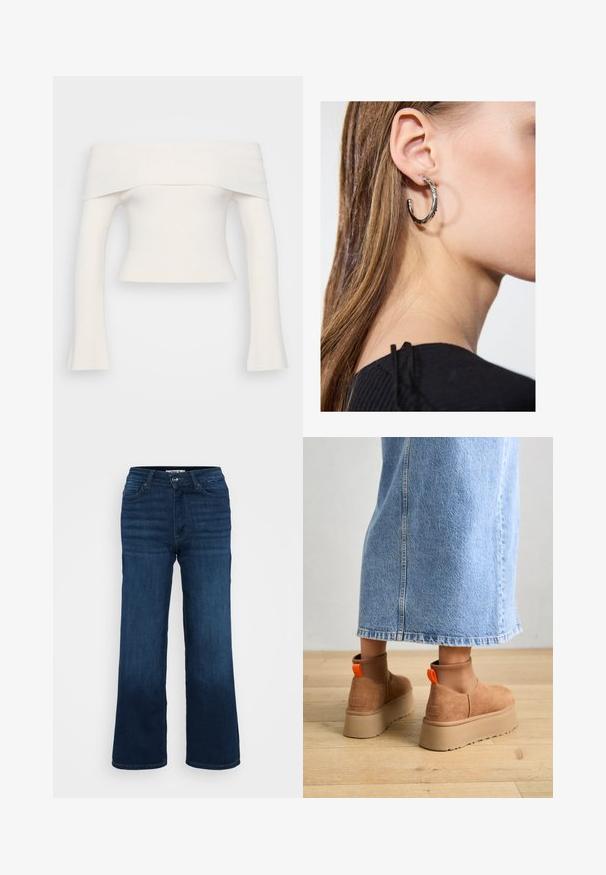 Valgest off-the-shoulder ribakootud topp. Lühikesed varrukad, mis on pihikutes avarad. Pehme tekstuur, minimaalne disain.; Even&Odd Petite 2 PACK - Topp - light grey/black; ONLY Petite ONLMADISON BLUSH WIDE - Wide leg - dark blue denim; Pruunid nahatooted platvormikontsad elastsete külgpaneelidega ja oranžide tõmbetuttidega, koos puusani ulatuva heleda denim-seelikuga puidust põrandal.; Hõbedane rõngas kõrvarõngas poleeritud viimistlusega, millel on väikesed kuldsed aktsendid ja ümmargune kuju, kantud lobus.