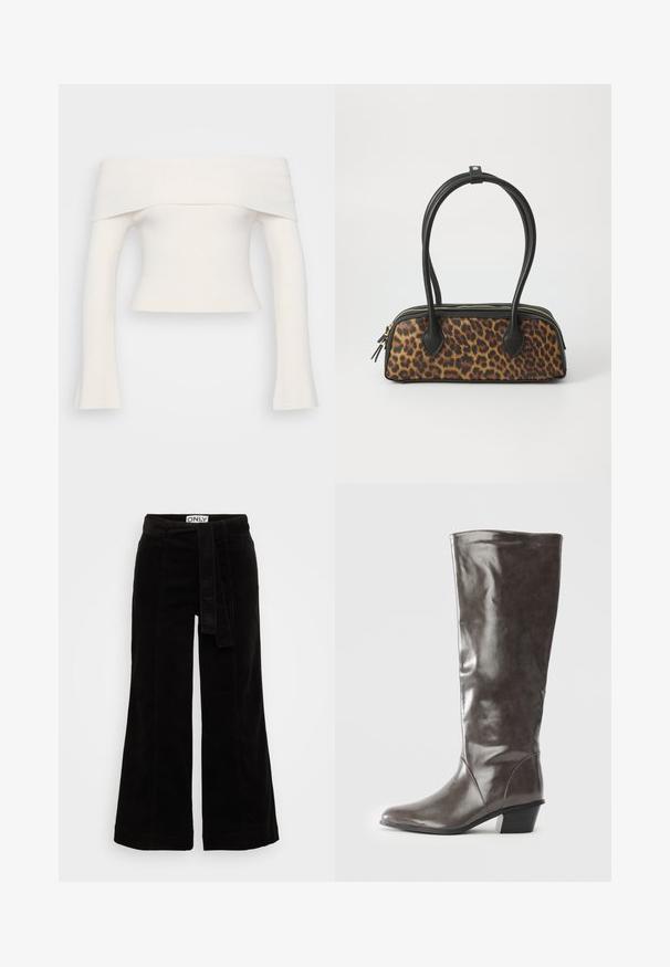 Top alb, din tricot cu umeri descoperiți, cu model cu nervuri. Design scurt, cu mâneci lungi care se lărgesc la încheieturi. Textură moale, detalii minime.; Pantaloni largi din catifea neagră, cu un blet legat în talie, având un finisaj texturat și o formă structurată, potriviți pentru îmbrăcămintea casual.; Cizme din piele gri închis pentru femei înalte, cu toc mediu și vârf rotunjit, prezentate din lateral pe un fundal alb.; Geantă de mână cu imprimeu leopard, bază din piele ecologică neagră, manere superioare duale, fermoar aurit și capse accentuate din piele ecologică neagră. Formă rectangulară.