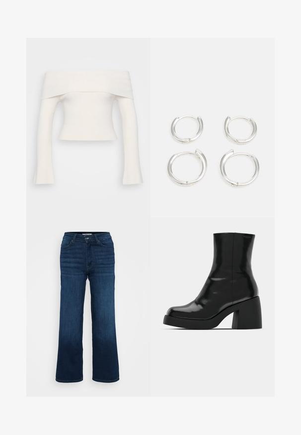 Schulterfreies, geripptes Strickoberteil in Weiß. Verkürztes Design mit langen Ärmeln, die an den Handgelenken ausgestellt sind. Weiche Textur, minimale Details.; ONLY Petite ONLMADISON BLUSH WIDE - Wide Leg - dark blue denim; Schwarze Stiefeletten mit glänzender Oberfläche, quadratischer Zehenpartie und dicker Blockabsatz. Das Design zeichnet sich durch eine nahtlose Silhouette und minimalistische Markenkennzeichnung aus.; Silberne Creolen mit einer glatten, polierten Oberfläche. Zwei Paare mit leicht unterschiedlicher Größe. Einfaches, kreisförmiges Design, leicht im Gewicht.