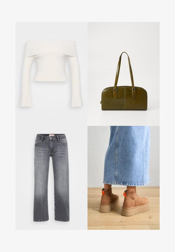 Off-the-shoulder, ribbet strikket topp i hvit. Korte design med lange ermer som vidder ut ved håndleddene. Myk tekstur, minimal detaljering.; Grå denimjeans med rett ben-design, fem-lomme stil, subtil falming, og knappelukking i midjen.; Brune semska plattformstøvler med elastiske sidepaneler og orange rekkehalser, parret med en knelange lys denimskjørt på et tregulv.; Olivengrønn lærveske med rund form, doble håndtak og sømløft front. Har en jevn tekstur og subtile sømdetaljer.; Sølv ringøredob med en polert finish, med små gull detaljer og en rund form, båret på øreflippen.