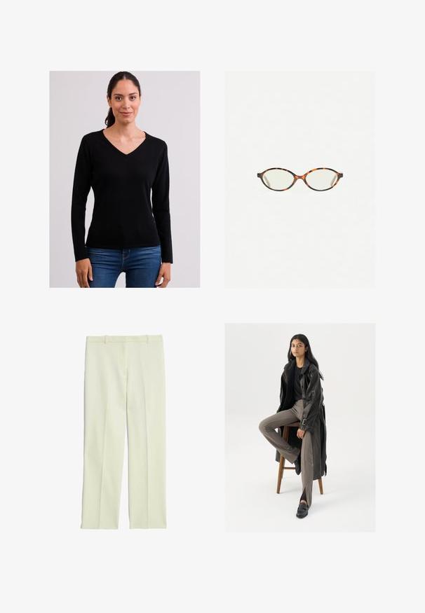 Top nero a maniche lunghe con scollo a V, realizzato in tessuto morbido. Presenta una forma aderente, una texture liscia e accenti minimi. Indossato con jeans blu.; Pantaloni su misura color crema con un design a gamba dritta, dotati di una parte frontale piatta, passanti per cintura e una superficie liscia.; Cappotto lungo in pelle nera con dettagli di bottoni e cintura, abbinato a pantaloni aderenti marrone chiaro e mocassini neri, seduto su uno sgabello di legno.; Occhiali in tartaruga con lenti ovali e una finitura liscia e elegante. Presentano aste sottili con una leggera curva alle tempie. Lenti trasparenti.