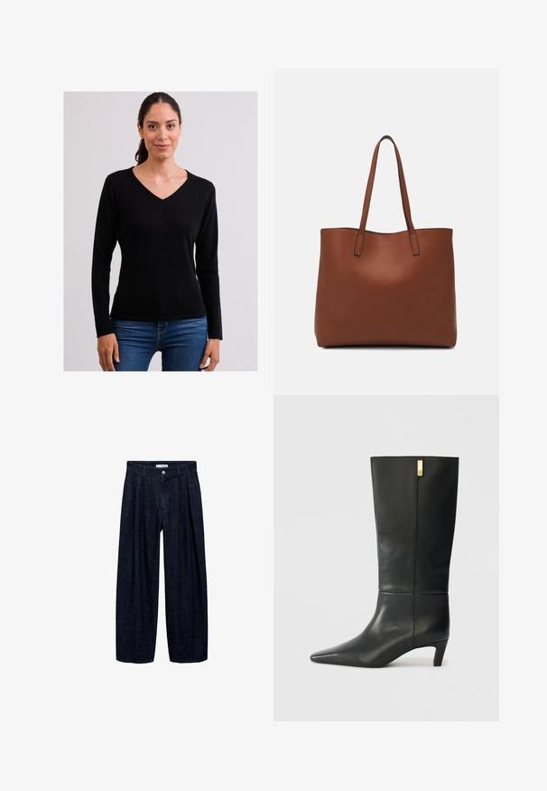 Musta pitkähihaine paita V-puolelta, pehmeästä kankaasta. Ominaisuuksiin kuuluu muotoon sopiva malli, sileä pinta ja vähäiset yksityiskohdat. Yhdistetty sinisiin farkkuihin.; Tummansinisiä leveälahkeisia housuja, joissa on laskoksia vyötäröllä, etupainike ja vyön lenkit. Sujuva rakenne ja täyspitkä muotoilu.; Mustat nahkasaappaat polveen asti, joissa on terävä kärki ja pieni korko. Ominaisuuksina on tyylikäs muotoilu, jossa on kultainen yksityiskohta. Sileä pinta.; Ruskea nahkainen olkalaukku, jossa on sileä pinta, avoin yläosa ja kaksi olkahihnaa. Omaavat vain minimaalisen ompelun eikä näkyvää metalliosaa.