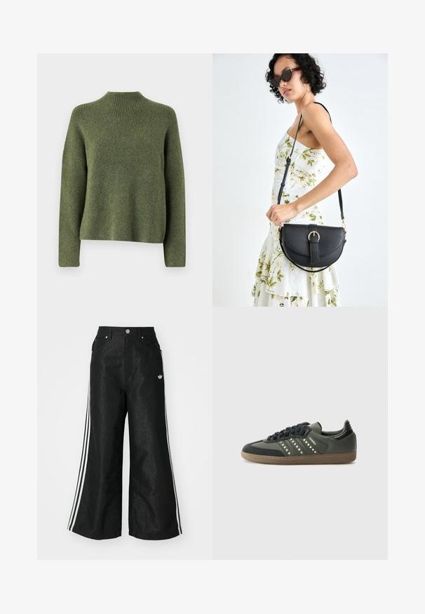 Olíva zöld bordázott kötésű pulóver magas nyakkal és hosszú ujjakkal, lazább fazonban és puha textúrával. Nincsenek látható minták vagy kiemelések.; Fekete, bő szárú farmernadrág, mindkét oldalon három fehér csík díszítéssel és egy kis fehér logóval. Elölzsebekkel és gombos záródással rendelkezik.; adidas Originals SAMBA OG - Sportcipő - core black/legend earth/gum; Fekete bőrtáska ívelt formával, levehető pánttal és arany színű fémrészekkel. A táskán egy csattal díszített fedél található.