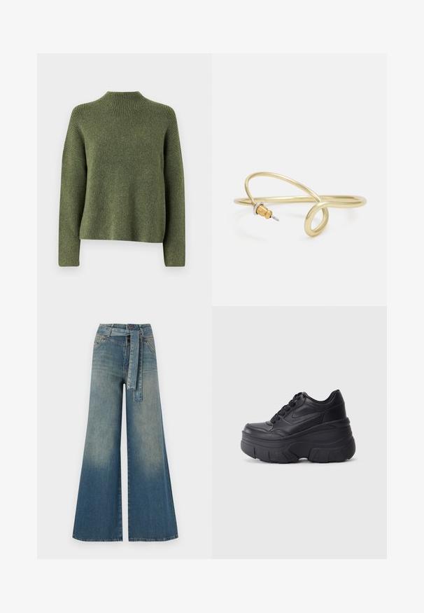 Olivno zelena rebrasta pletenina s visokim ovratnikom in dolgimi rokavi, sproščenega kroja in mehkega tekstura. Brez vidnih vzorcev ali dodatkov.; Široke jeans hlače z gradientom od svetlo do temno modre, visokim pasom, zankami za pas in pasom iz istega materiala. Tekstura denim končnica.; Črne vezalke čevlji s debelim podplatom, z gladkim usnjem na vrhu, okroglo konico in izrazitim plastastim oblikovanjem podplata.; Zlato obarvan kovinski zapestnica s tekočim, ukrivljenim dizajnom. Ima majhen, izstopajoč srebrn poudarek na enem koncu.