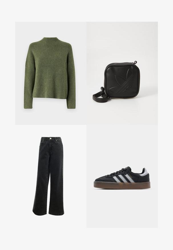 Pull en maille côtelée vert olive, avec un col haut et des manches longues, possédant une coupe décontractée et une texture douce. Pas de motifs ou d'accents visibles.; Pantalons en denim noir à taille haute et jambe large avec une fermeture à bouton, cinq poches et un petit logo brodé à l'avant. Tissu texturé.; Baskets noires au design élégant, avec trois rayures blanches, une languette noire et une semelle en caoutchouc texturée marron. Accents de lettrage doré.; Sac bandoulière noir en matériau synthétique texturé. Présente un design de logo en relief et une bandoulière réglable. Fermeture zippée.