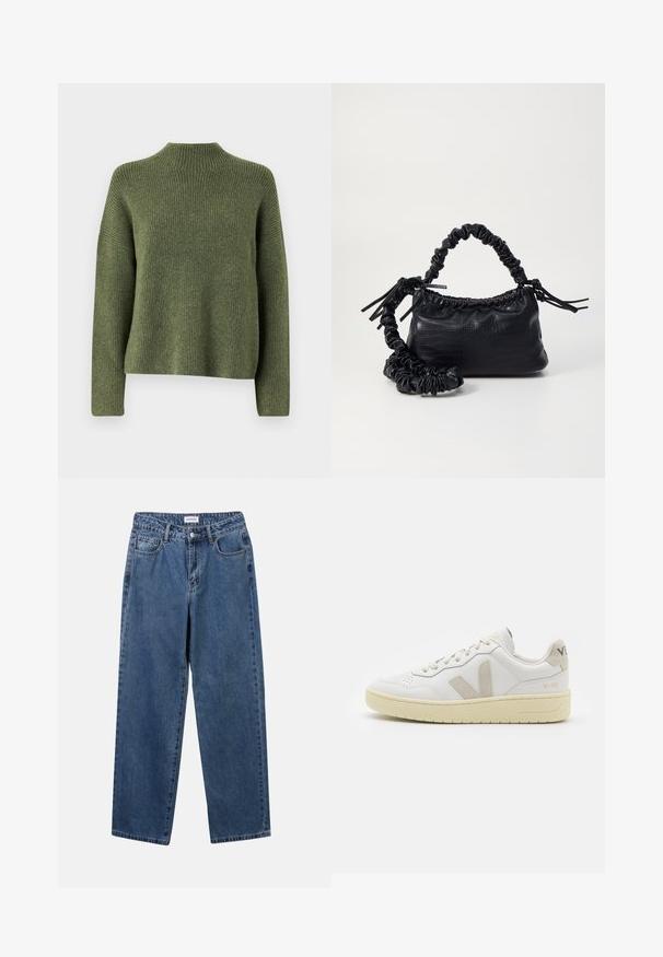 Olivgrüner, gerippter Strickpullover mit hohem Kragen und langen Ärmeln, der eine lockere Passform und eine weiche Textur bietet. Keine sichtbaren Muster oder Akzente.; Klassische blaue Denim-Jeans mit geradem Bein, fünf Taschen und Knopfverschluss. Sie verfügen über eine mittelblau gewaschene Optik und sind aus robuster Textur.; Weiße Ledersneaker mit beigen Wildlederakzenten, perforierte Zehenbox, flache Schnürsenkel und eine strukturierte cremefarbene Sohle. Mit dezentem Branding an der Ferse.; Schwarze Handtasche aus Kunstleder mit Krokodilstruktur, gerafftem oberen Teil und einem geschoppten Tragegurt. Sie wirkt weich und kompakt im Design.