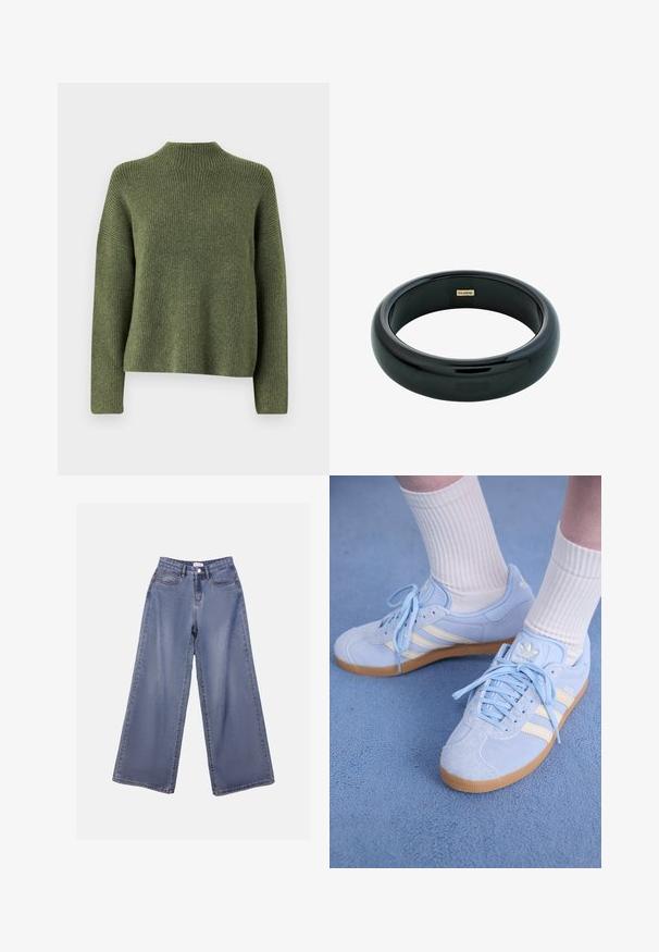 Oliivroheline ribadega kootud sviiter kõrge kaelusega ja pikkade varrukatega, millel on vabalt langev lõige ja pehme tekstuur. Ei ole nähtavaid mustreid ega aktsente.; Laia sinise pesu laiad teksad, millel on kõrge talje, ees taskud ja nööbilukuga vöörihmade jaoks.; Heledad sinine seemisneakerid valgete triipudega, lamedate paeltega ja kaaliumkummist tallaga. Valged soonikkoes sokid on kantud üle pahkluude.; Must maagussõrmus mustast vaigust, mille pind on sile ja läikiv ning servad ümarad. Sisel küljel on väike kullavärvi "Pilgrim" logo.