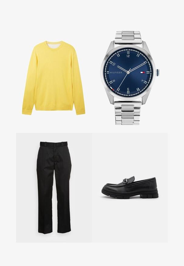 Sárga, hosszú ujjú pulóver sima, könnyű anyagból készült. Kerek nyakú, bordás mandzsettákkal rendelkezik, és diszkrét logó található az elején.; Fekete nadrág sima anyagból, egyenes szárú kialakítással, övhurkokkal és két oldalsó zsebbel. Klasszikus megjelenés díszítések nélkül.; Fekete bőr mokaszín, lekerekített orral, díszes pánttal és fém kiegészítővel, valamint vastag, texturált talppal. Simább felület, finom részletezéssel.; Ezüst színű fém óra kék, kefélt számlappal, fehér órijjelezőkkel és dátumkijelzővel. Fém, láncolt szíj és márkalogó jellemzi.