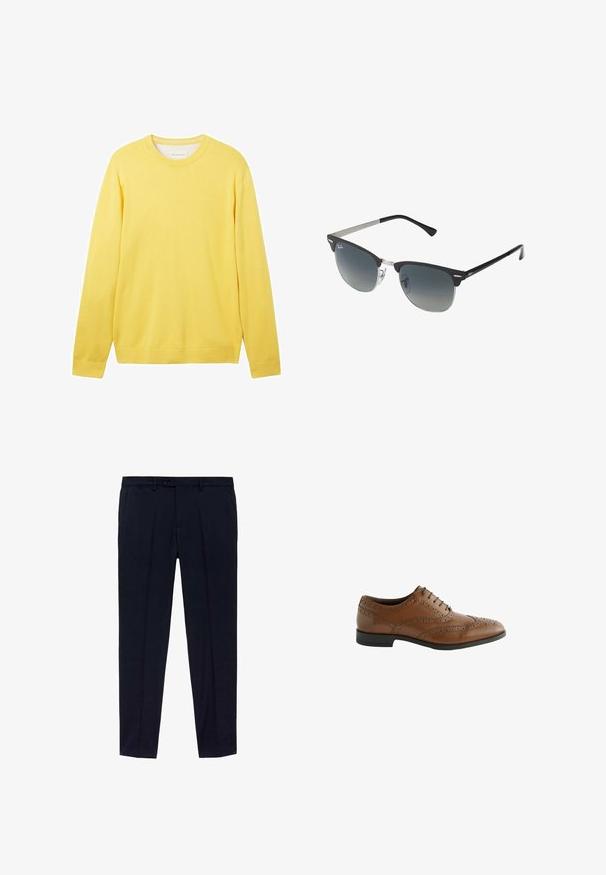 Żółty sweter z długim rękawem, wykonany z gładkiego, lekkiego materiału. Posiada okrągły dekolt, ściągacze na rękawach oraz dyskretną logo z przodu.; Granatowe spodnie z gładkim przodem, wykonane z gładkiego materiału. Zawierają dwa boczne kieszenie oraz zamek błyskawiczny z zapięciem na guzik.; Brązowe skórzane buty formalne z misternym detalem broguing, okrągłym noskiem i płaskim obcasem. Posiadają pięć otworów na sznurówki i gładką teksturę.; Czarno-srebrne okulary przeciwsłoneczne w kształcie kociego oka, z gradientowymi soczewkami i metalowymi akcentami na oprawie. Plastikowe ramiona z szarymi końcówkami.