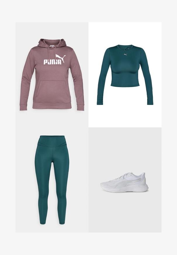 Mauve színű pulóver kapucnis felső, elülső zsebbel, húzózsinórral ellátott kapucnival és fehér PUMA logóval. Puha anyagból készült, bordás mandzsettával és derékrésszel.; Hosszú ujjú, rövid fazonú top türkiz színű anyagból, sima textúrával. Kerek nyakkivágással és egy kis arany Puma logóval van ellátva a mellrészen.; Zöldeskék, magas derekú leggings sima, rugalmas anyagból. Laposa varrásokkal és illeszkedő dizájnnal rendelkezik, amely aktív viseletre alkalmas.; Fehér sportcipők texturált felsőrésszel, csíkozott részletekkel és párnázott talppal. Fűzővel és lekerekített orrformával rendelkezik.