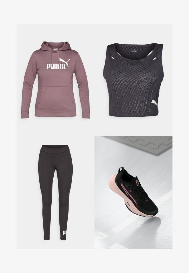 Pullover hoodie in mauve with a front pocket, drawstring hood, and white PUMA logo. Made of soft fabric with ribbed cuffs and hem.; Black sleeveless athletic top featuring a textured wave pattern, small holes for breathability, and a contrasting logo on the hem.; Black leggings made of stretchable fabric, featuring a high waistband and a white logo printed on the lower left leg. Smooth texture.; Black athletic shoe with pink accents and a textured upper. Features a cushioned pink sole and black laces. Lightweight design for performance.