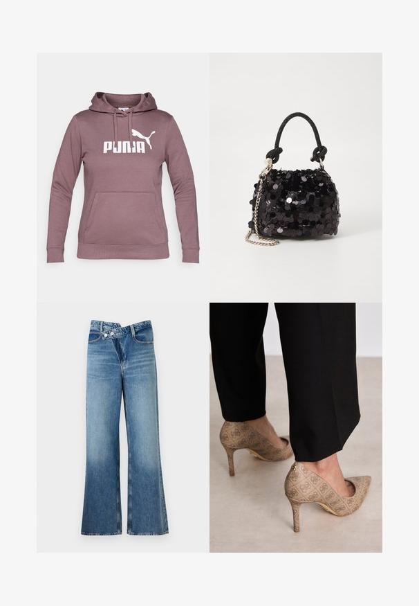 Pulover dukserica u boji mauve s prednjim džepom, kapuljačom s vezicama i bijelim PUMA logotipom. Izrađena od mekanog materijala s rebrastim manžetama i donjim rubom.; Svijetloplave traperice s izrezom i visokim strukom, s dva gumba i prednjim džepovima. Tkanina ima izblijeđenu teksturu s suptilnim varijacijama.; Bež cipele s visokom petom izrađene od teksturiranog materijala s ponavljajućim uzorkom. Dizajn s oštrim vrhom s pozadinskim naglaskom i zlatnim detaljem na peti.; Crna mini torbica sa šljokicama, s čvorastim teksturiranim remenom i srebrnim lancem. Zaobljenog oblika s naboranim vrhom i reflektivnim detaljima.